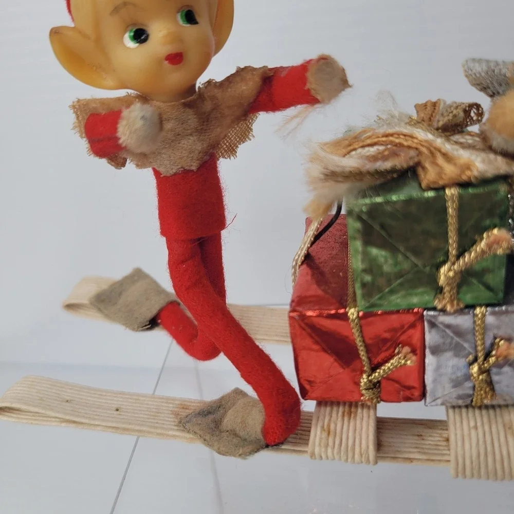 Vintage Pixie Elf Doll on Sleigh Christmas Decoration 8
